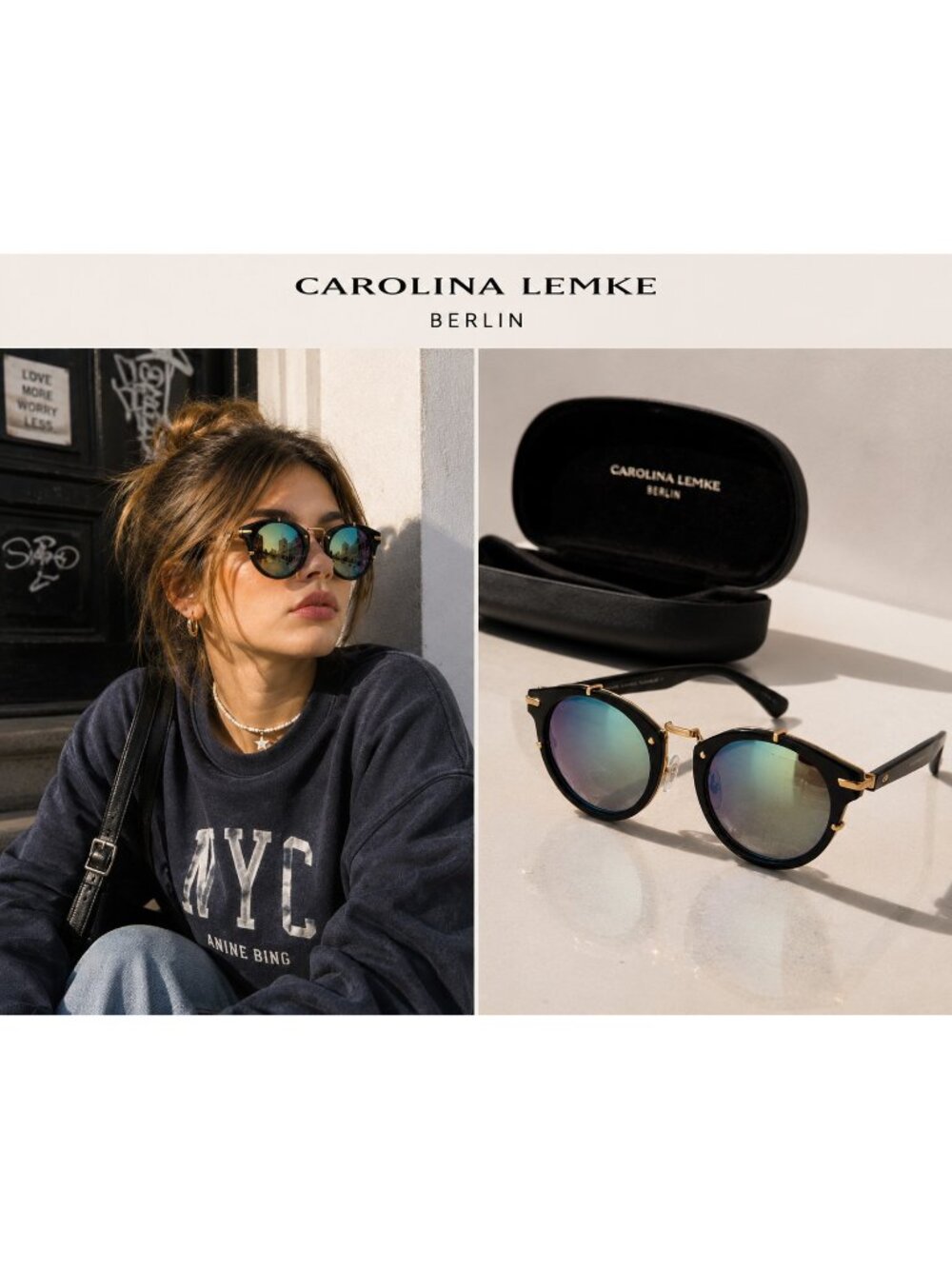 Carolina Lemke Berlin CL7405-4 Black Gold Blue Mirrored Sunglasses UV400